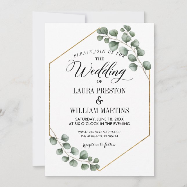 Greenery Eucalyptus Glitzer Geometric Wedding Einladung (Vorderseite)
