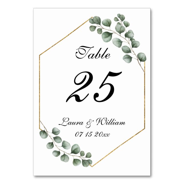 Greenery Eucalyptus Glitzer Geometric Wedding Tischnummer (Vorderseite)