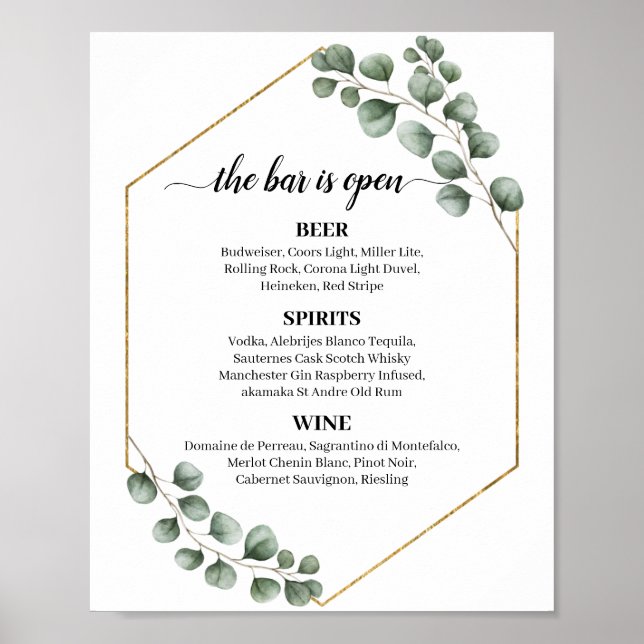 Greenery Eucalyptus Glitzer Wedding Bar Menu Sign Poster (Vorne)