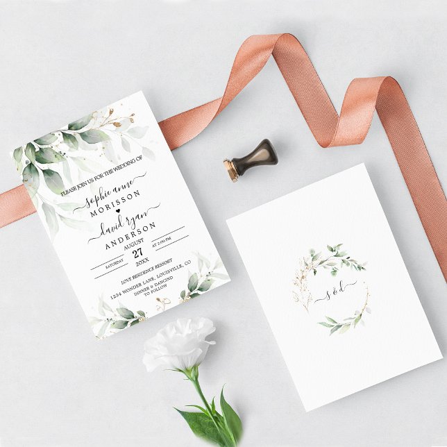 Greenery Eucalyptus Gold Calligraphy Wedding Einladung (Von Creator hochgeladen)
