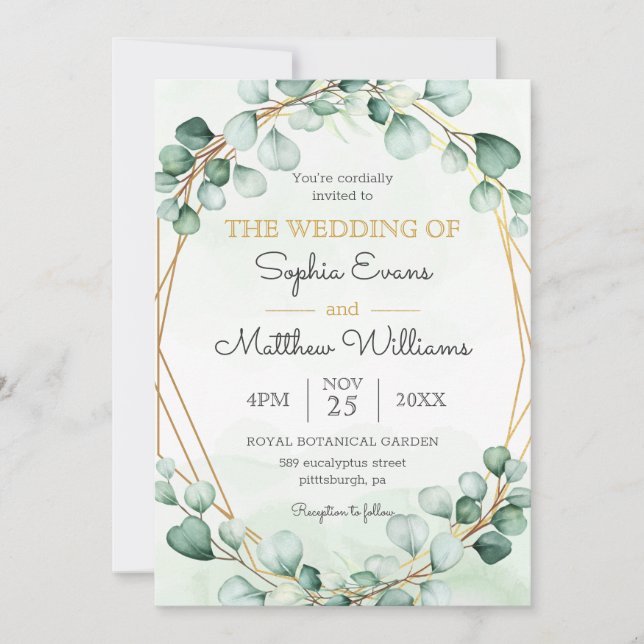 Greenery Eucalyptus Gold Frame Geometric Wedding Einladung (Vorderseite)