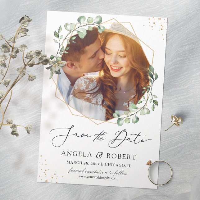 Greenery Eucalyptus Gold Geometric Frame Foto Save The Date (Von Creator hochgeladen)