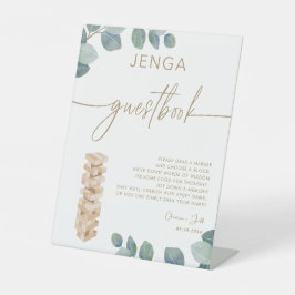 Greenery Eucalyptus Gold Jenga Gästebuch Hochzeit Sockelschild