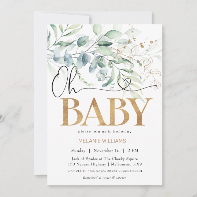 Greenery Eucalyptus Gold Oh Baby Shower Einladung (Vorderseite)