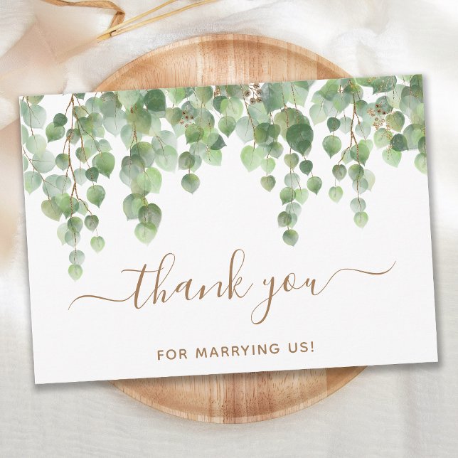 Greenery Eucalyptus Gold Script Wedding Offizier Dankeskarte (Von Creator hochgeladen)