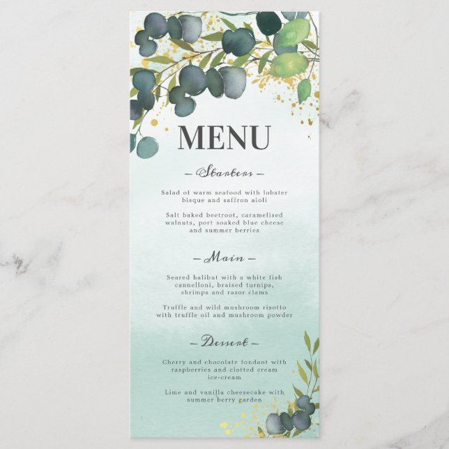 Greenery Eucalyptus Gold Wedding Menu Menükarte (Vorderseite)