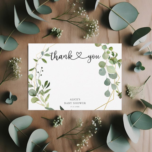 Greenery Eucalyptus Heart Script Baby Shower Dankeskarte (Von Creator hochgeladen)