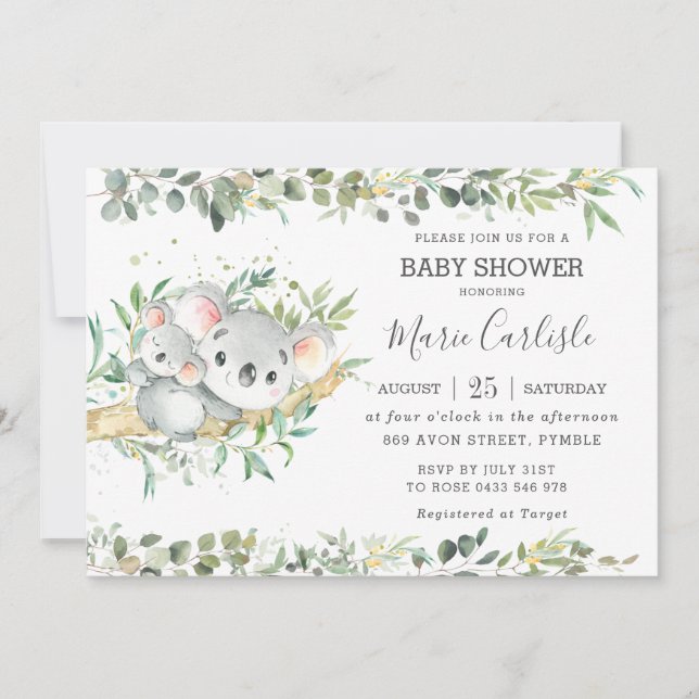 Greenery Eucalyptus Koala Neutral Baby Shower Boy Einladung (Vorderseite)