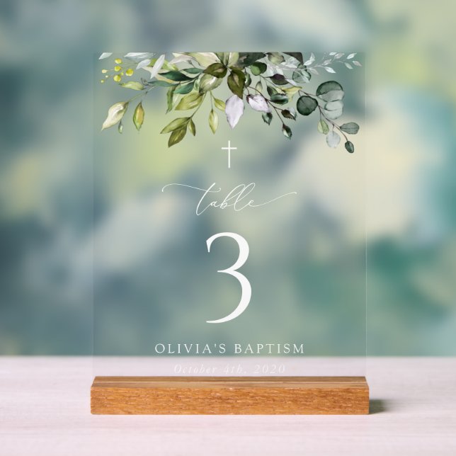 Greenery, Eucalyptus Leaves, Baptism Table Numbers Acrylschild (Neutral)