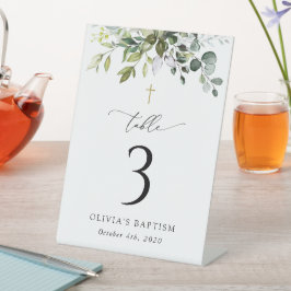 Greenery, Eucalyptus Leaves, Baptism Table Numbers Sockelschild