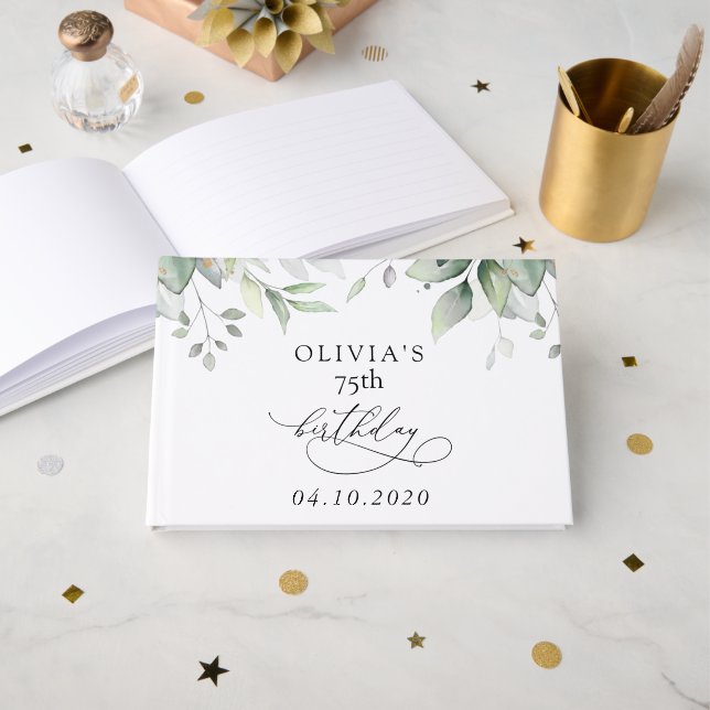 Greenery, Eucalyptus Leaves, Boho, Birthday Gästebuch (Vorderseite Offen)