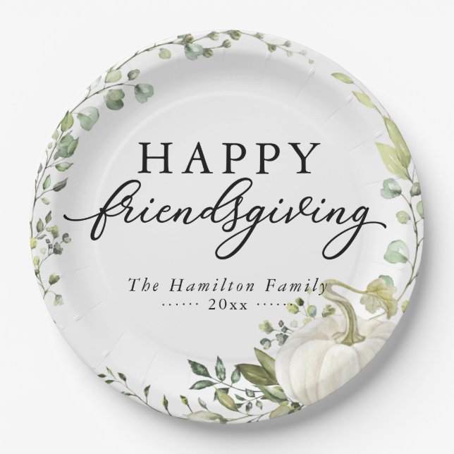 Greenery Eucalyptus Pumpkin Friendsgiving Dinner Pappteller (Vorderseite)