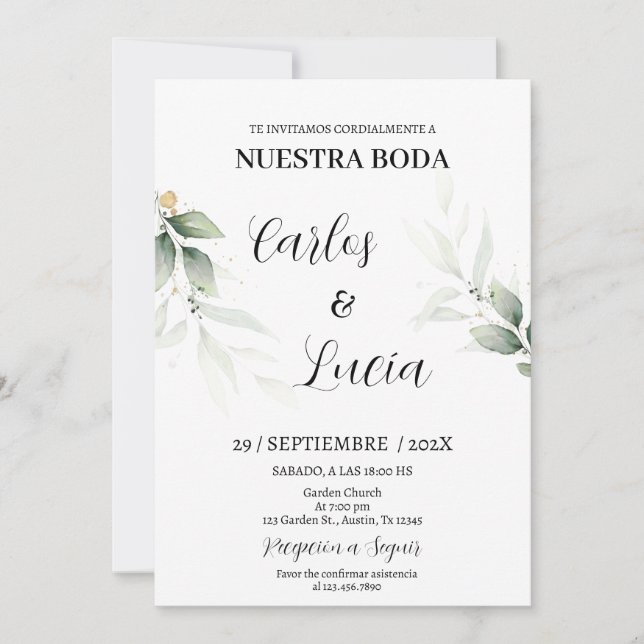 Greenery Eucalyptus Spanish Wedding Einladung (Vorderseite)