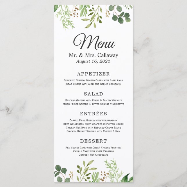 Greenery Eucalyptus Verlasst Elegante Chic Wedding Menükarte (Vorderseite)