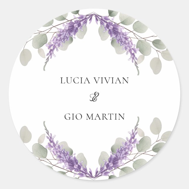 Greenery Eucalyptus Violet Lavender Wedding Runder Aufkleber (Vorderseite)