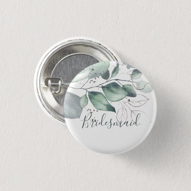 GREENERY EUCALYPTUS WATERCOLOR BRIDESMAID BUTTON (Vorne & Hinten)