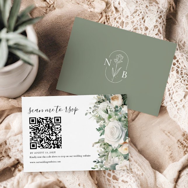 Greenery Eucalyptus White Rose Wedding QR Code RSVP Karte (Von Creator hochgeladen)