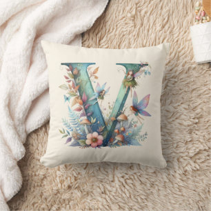 Greenery Fairies Monogram Letter V Kissen