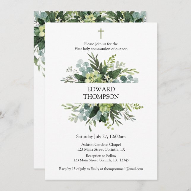 Greenery First Communion Invitation Einladung (Vorne/Hinten)