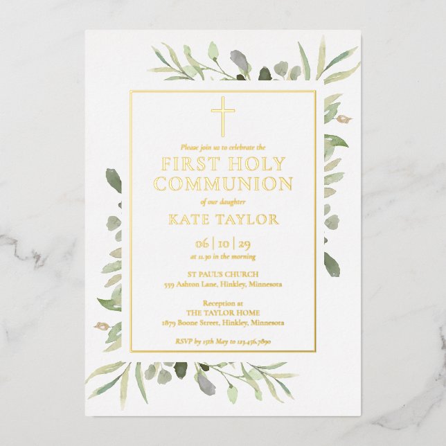Greenery First Holy Communion Gold Folieneinladung (Vorderseite)