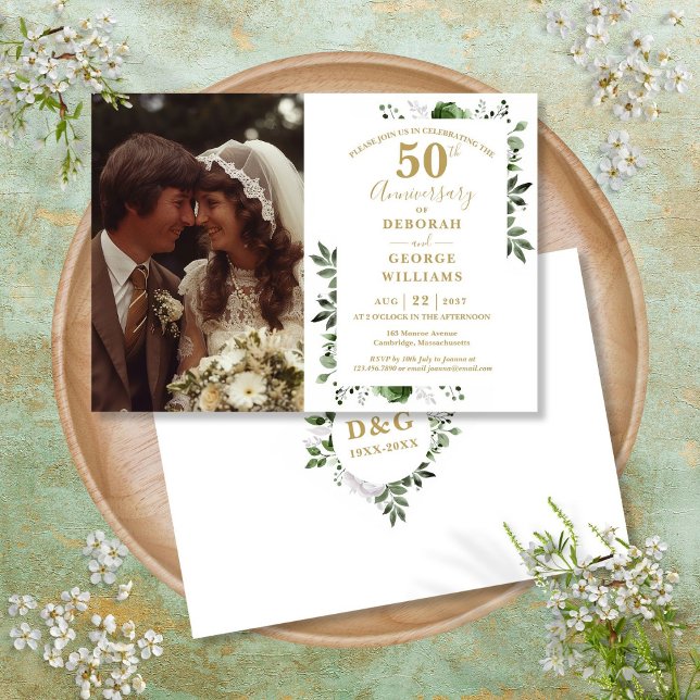 Greenery Floral 50. Hochzeitstag Foto Einladung (Greenery Floral 50th Wedding Anniversary Photo Invitation)