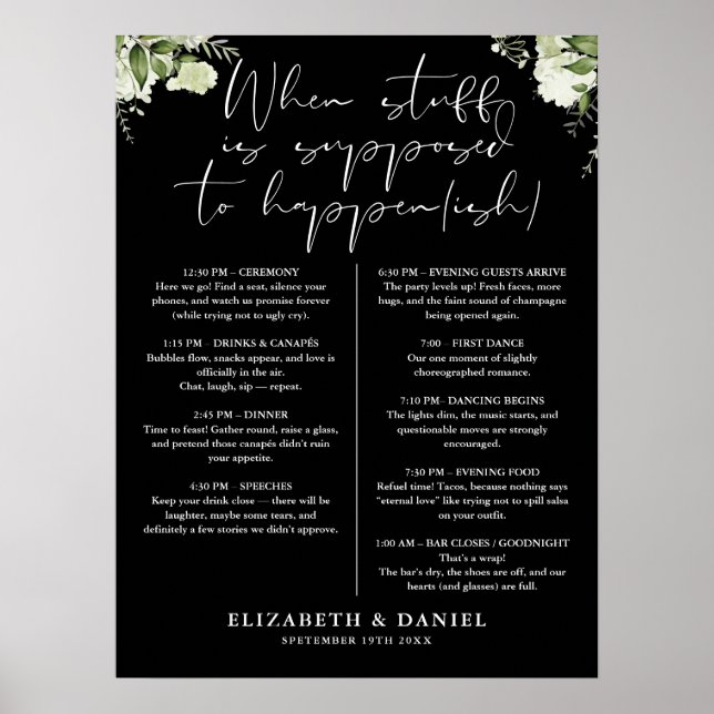 Greenery Floral Black And White Wedding Itinerary Poster (Vorne)