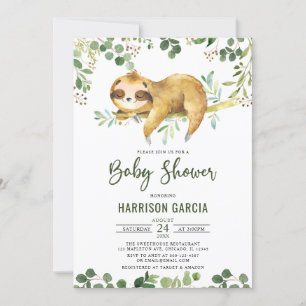 Greenery Floral Boy Niedlich Sloth Baby Dusche Einladung