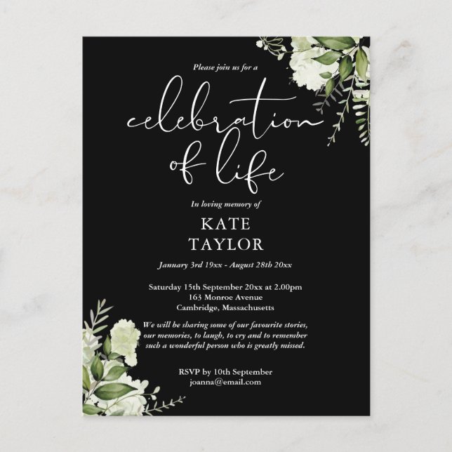 Greenery Floral Celebration of Life Memorial Ankündigungspostkarte (Vorderseite)