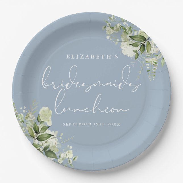 Greenery Floral Dusty Blue Bridesmaids Luncheon Pappteller (Vorderseite)