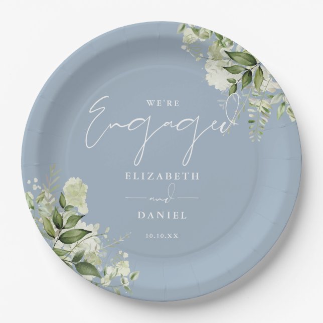 Greenery Floral Dusty Blue Engagement Party Pappteller (Vorderseite)
