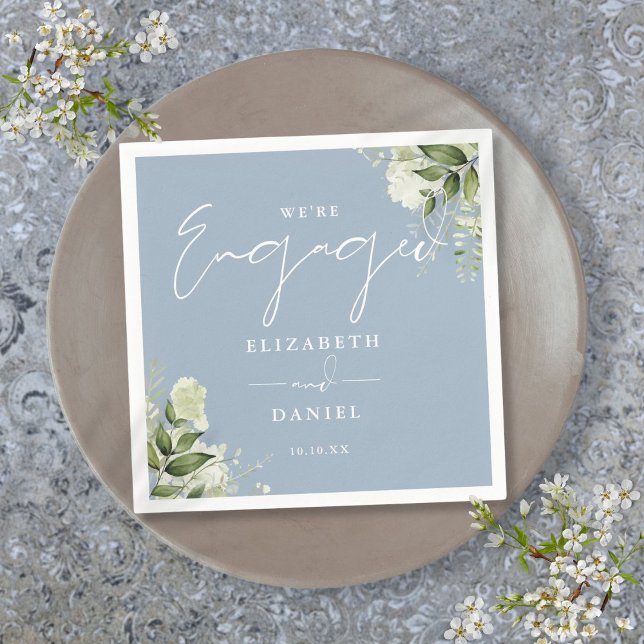 Greenery Floral Dusty Blue Engagement Party Serviette (Greenery Floral Dusty Blue Engagement Party Napkins)