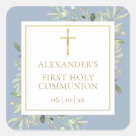 Greenery Floral Dusty Blue First Holy Communion Quadratischer Aufkleber