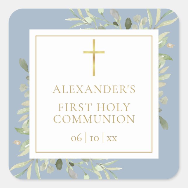 Greenery Floral Dusty Blue First Holy Communion Quadratischer Aufkleber (Vorderseite)