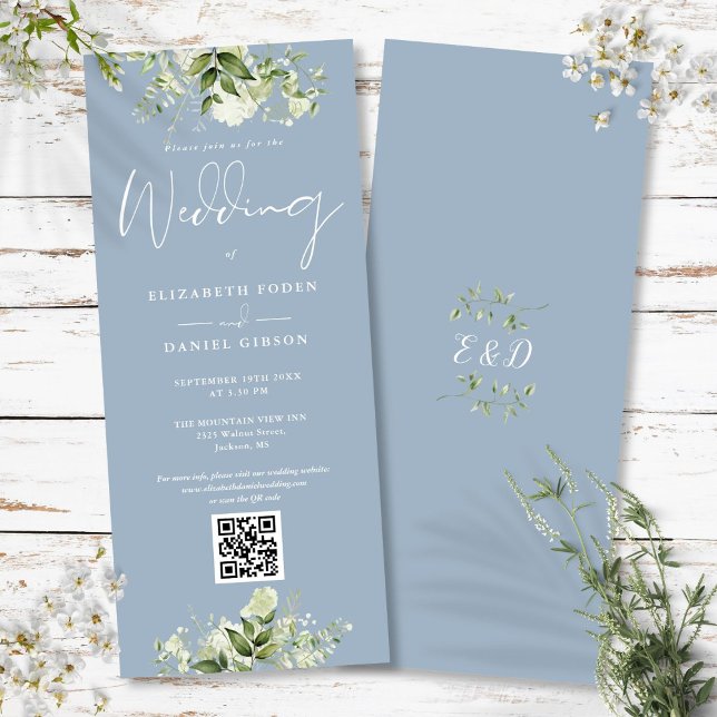 Greenery Floral Dusty Blue QR Code Wedding Einladung (Greenery Floral Dusty Blue QR Code Wedding Invitation)