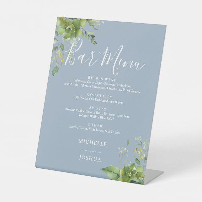 Greenery Floral Dusty Blue Wedding Bar Menu Sockelschild (Vorderseite)