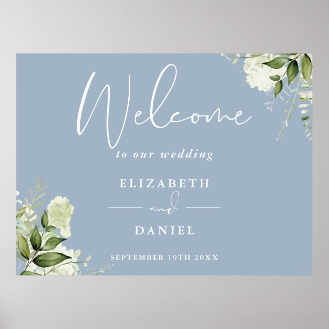 Greenery Floral Dusty Blue Wedding Welcome Sign Poster (Vorne)