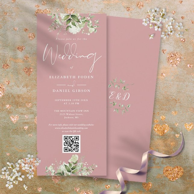 Greenery Floral Dusty Rose QR Code Wedding Einladung (Greenery Floral Dusty Rose QR Code Wedding Invitation)