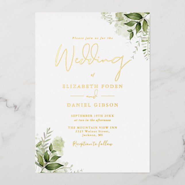 Greenery Floral Elegant Monogram Wedding Gold Folieneinladung (Vorderseite)