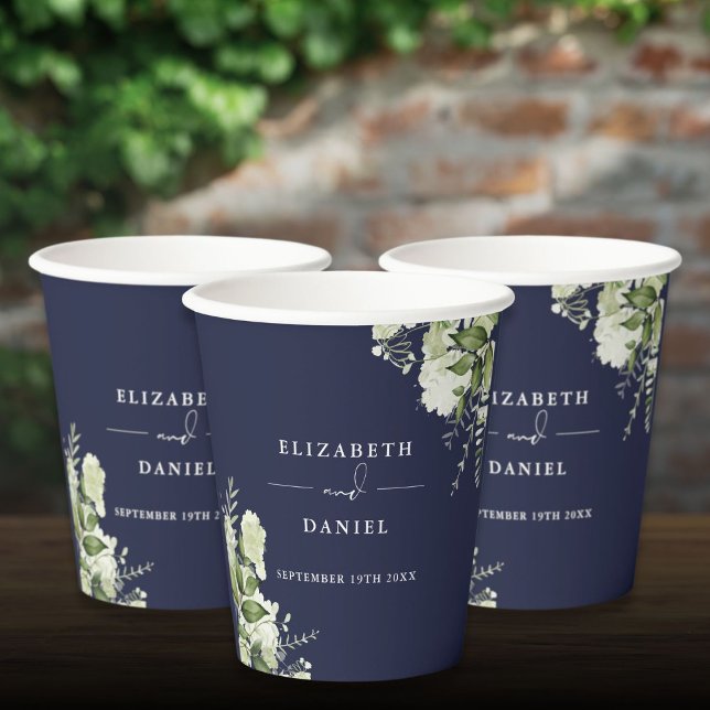 Greenery Floral Elegant Navy Blue Wedding Pappbecher (Greenery Floral Elegant Navy Blue Wedding Paper Cups)