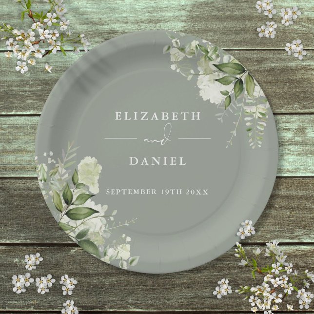 Greenery Floral Elegant Sage Green Wedding Pappteller (Greenery Floral Elegant Sage Green Wedding Paper Plates)