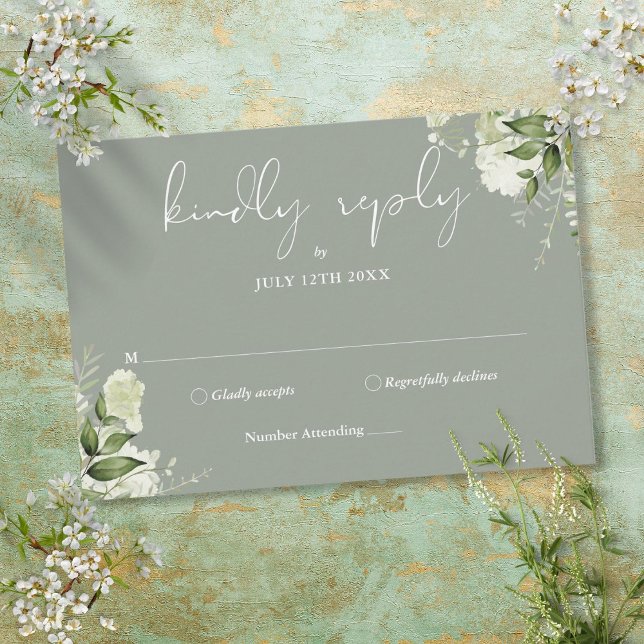 Greenery Floral Elegant Sage Green Wedding RSVP Karte (Greenery Floral Elegant Sage Green Wedding RSVP Card)