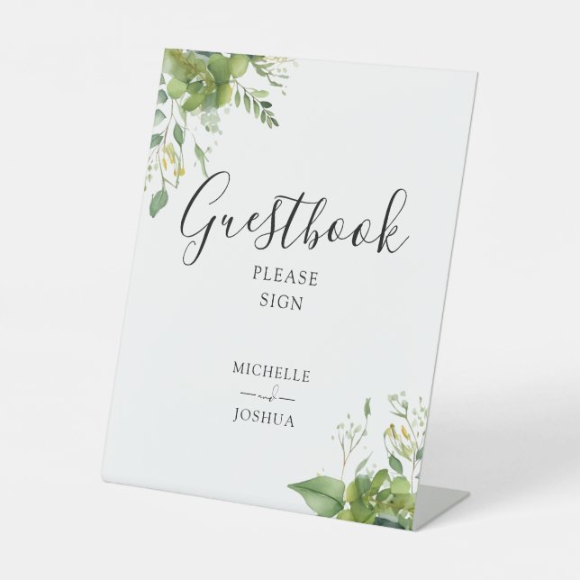 Greenery Floral Elegant Script Gäestbook Sockelschild (Vorderseite)