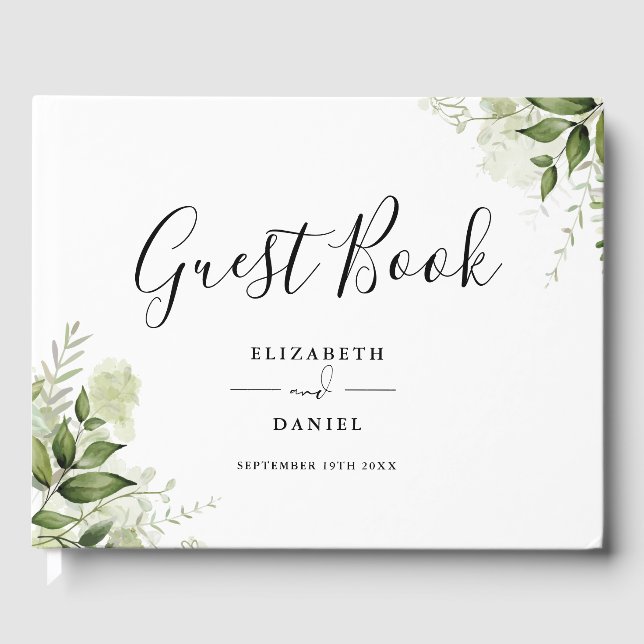 Greenery Floral Elegant Script Photo Wedding Gästebuch (Vorderseite)