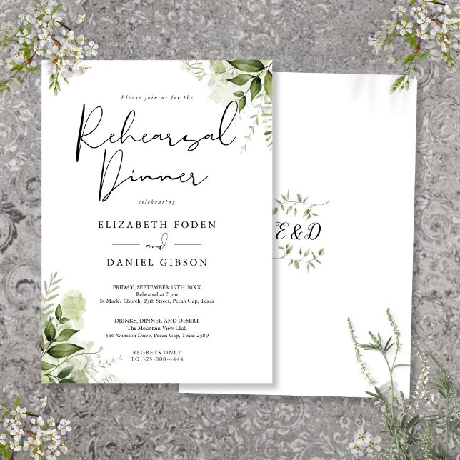 Greenery Floral Elegante Probe Abendessen Einladung (Greenery Floral Elegant Rehearsal Dinner Invitation)