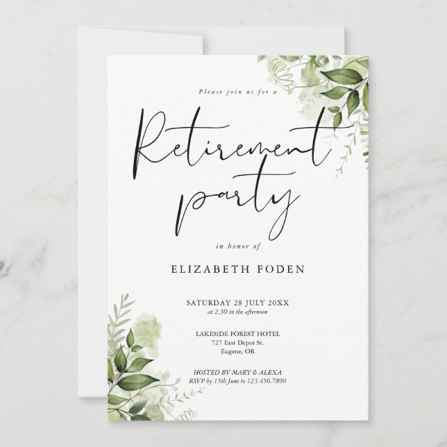 Greenery Floral Elegantes Script Retirement Party Einladung (Vorderseite)