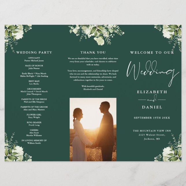 Greenery Floral Emerald Trifold Wedding Program Flyer (Vorne)
