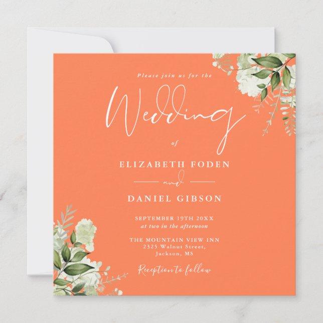 Greenery Floral Foto Coral Square Wedding Einladung (Vorderseite)