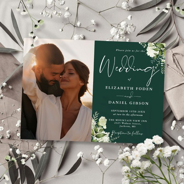 Greenery Floral Foto Emerald Green Wedding Einladung (Greenery Floral Photo Emerald Green Wedding Invitation)