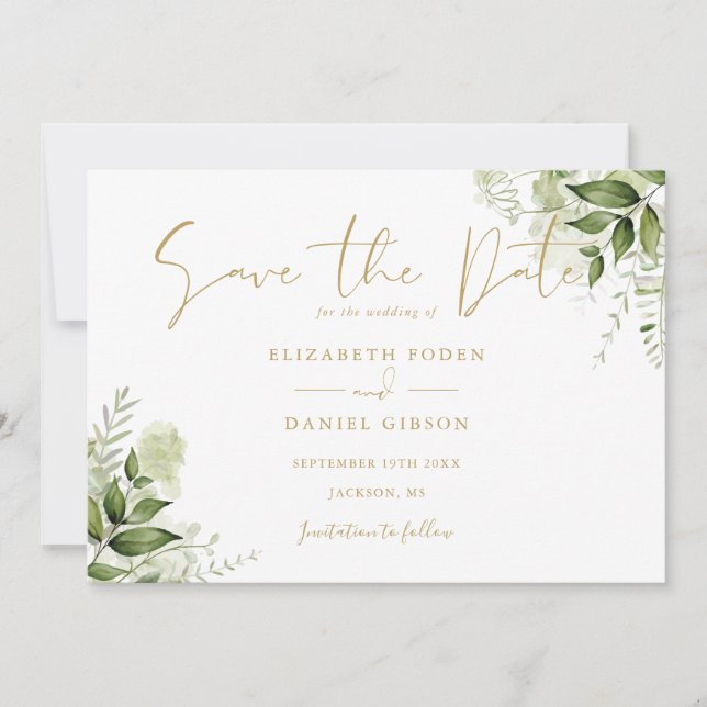 Greenery Floral Foto Gold Script Save The Date (Vorderseite)