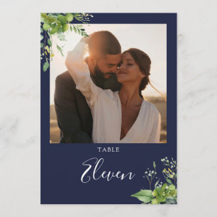 Greenery Floral Foto Navy Blue Tischnummer